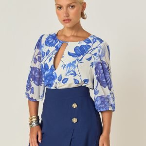 Blusa Estampada Decote Vazado Punhos Elástico