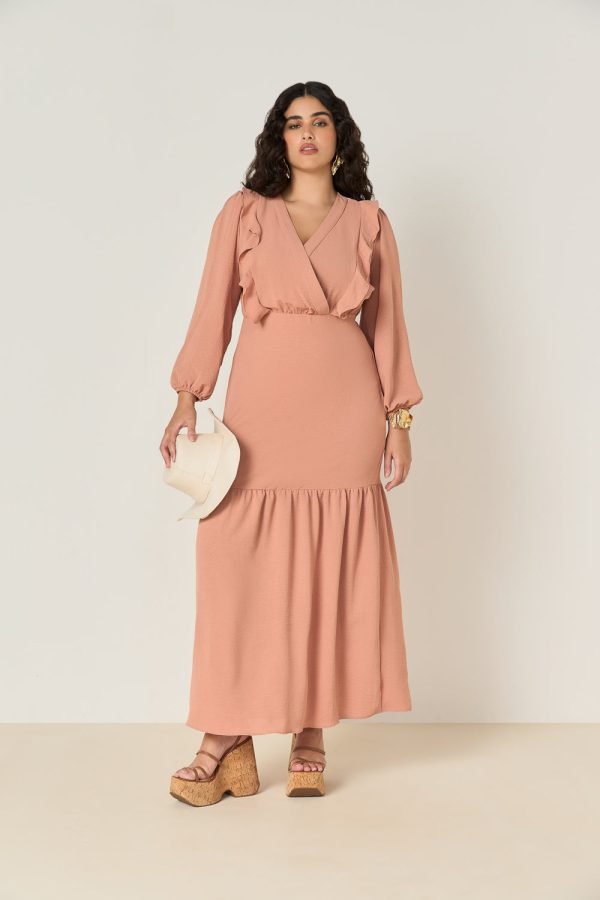 Vestido Longo Babados Manga Longa