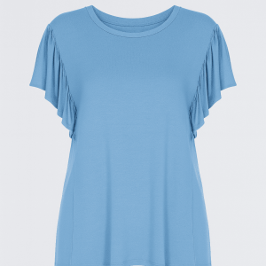 TSHIRT CAVA DESLOCADA COM MANGA EM BABADO E DECOTE CANOA
