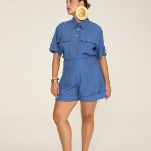 Shorts Cintura Alta Abotoamento Duplo Bolsos Fake Tiras Laterais